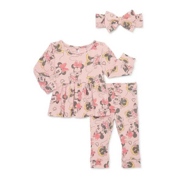 Disney’s Minnie Mouse Baby Girls Peplum Top, Leggings and Headband Set, 3 Piece